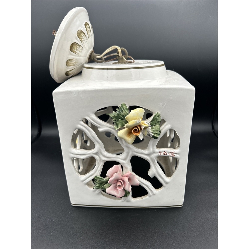 M Moretto Italy Capodimonte Raised Roses Hanging Lamp Artist Signed #821 READ